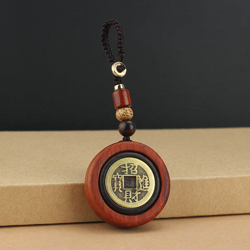 Fortune Jewel Copper Coin Attract Wealth Ebony Wood Red Sandalwood Luck Key Chain Decoration
