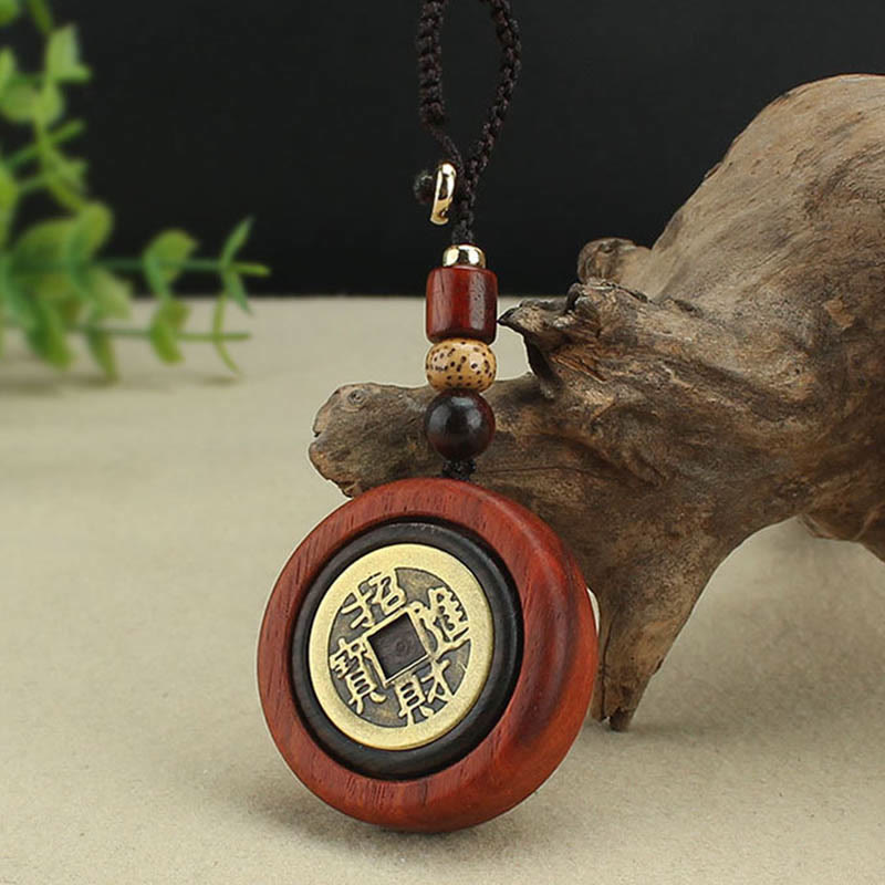 Fortune Jewel Copper Coin Attract Wealth Ebony Wood Red Sandalwood Luck Key Chain Decoration