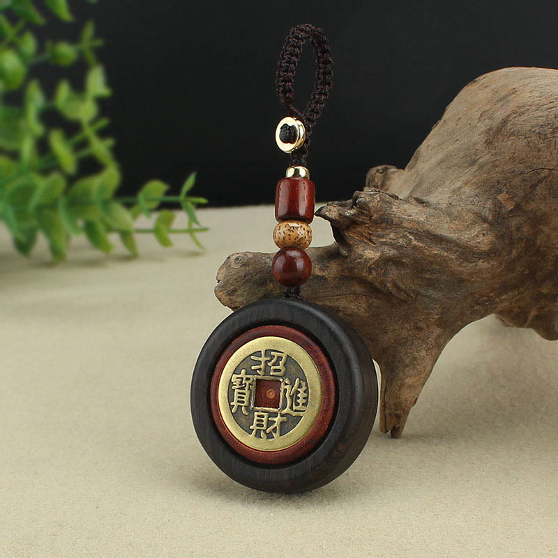 Fortune Jewel Copper Coin Attract Wealth Ebony Wood Red Sandalwood Luck Key Chain Decoration