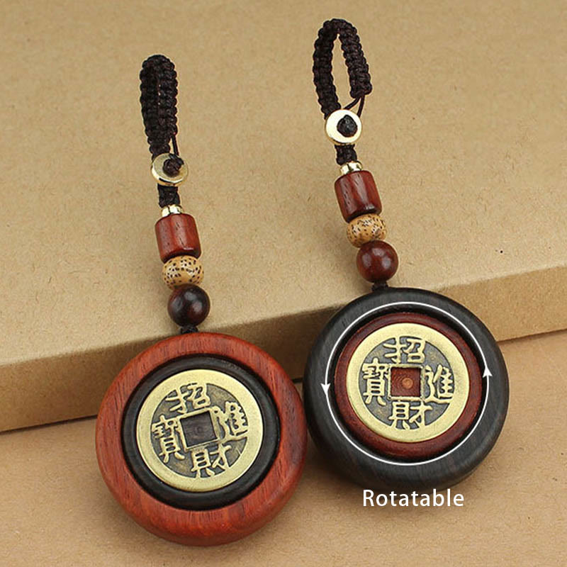 Fortune Jewel Copper Coin Attract Wealth Ebony Wood Red Sandalwood Luck Key Chain Decoration
