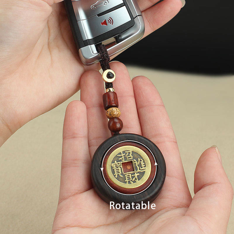 Fortune Jewel Copper Coin Attract Wealth Ebony Wood Red Sandalwood Luck Key Chain Decoration