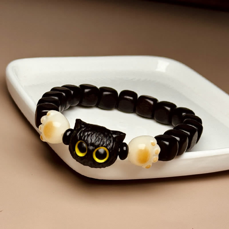 Fortune Jewel Ebony Wood Cute Cat Bodhi Seed Paw Claw Peace Bracelet