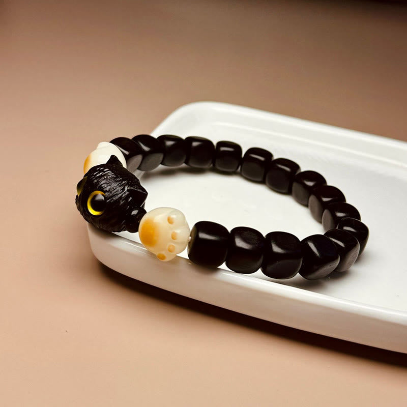 Fortune Jewel Ebony Wood Cute Cat Bodhi Seed Paw Claw Peace Bracelet