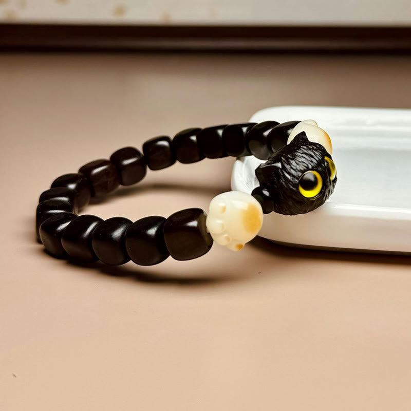 Fortune Jewel Ebony Wood Cute Cat Bodhi Seed Paw Claw Peace Bracelet