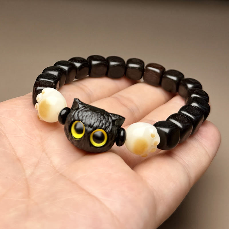 Fortune Jewel Ebony Wood Cute Cat Bodhi Seed Paw Claw Peace Bracelet