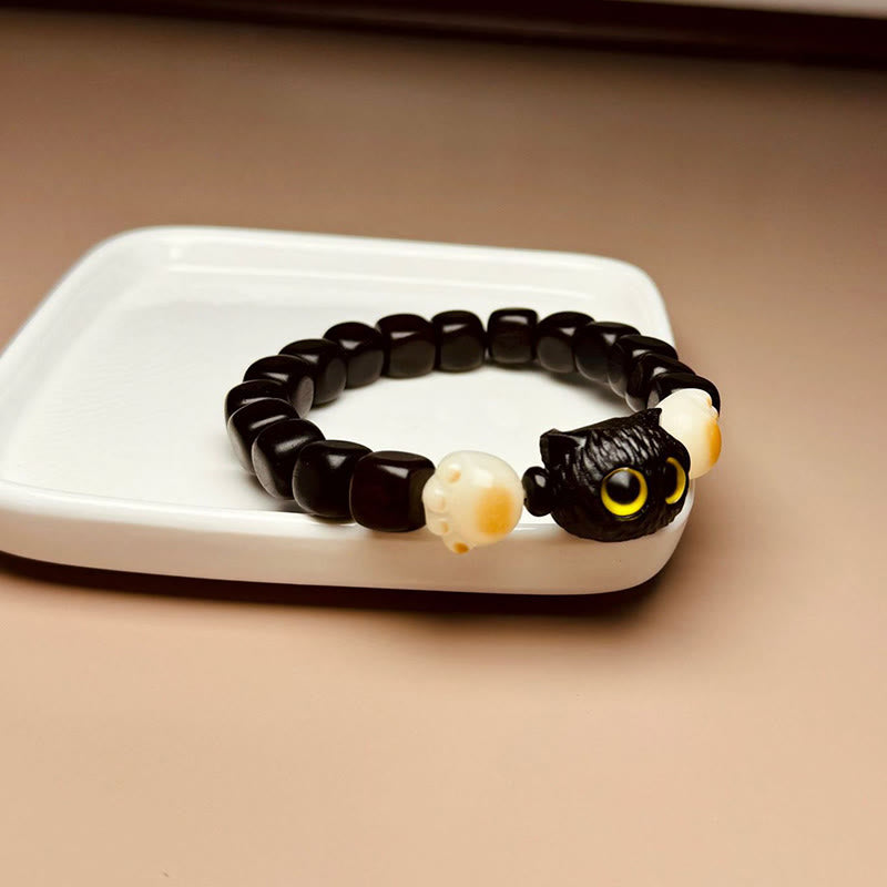 Fortune Jewel Ebony Wood Cute Cat Bodhi Seed Paw Claw Peace Bracelet