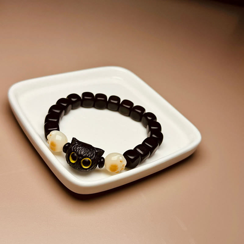 Fortune Jewel Ebony Wood Cute Cat Bodhi Seed Paw Claw Peace Bracelet