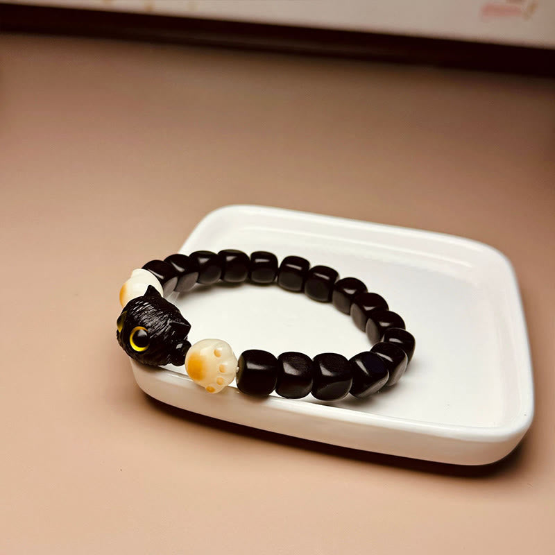 Fortune Jewel Ebony Wood Cute Cat Bodhi Seed Paw Claw Peace Bracelet