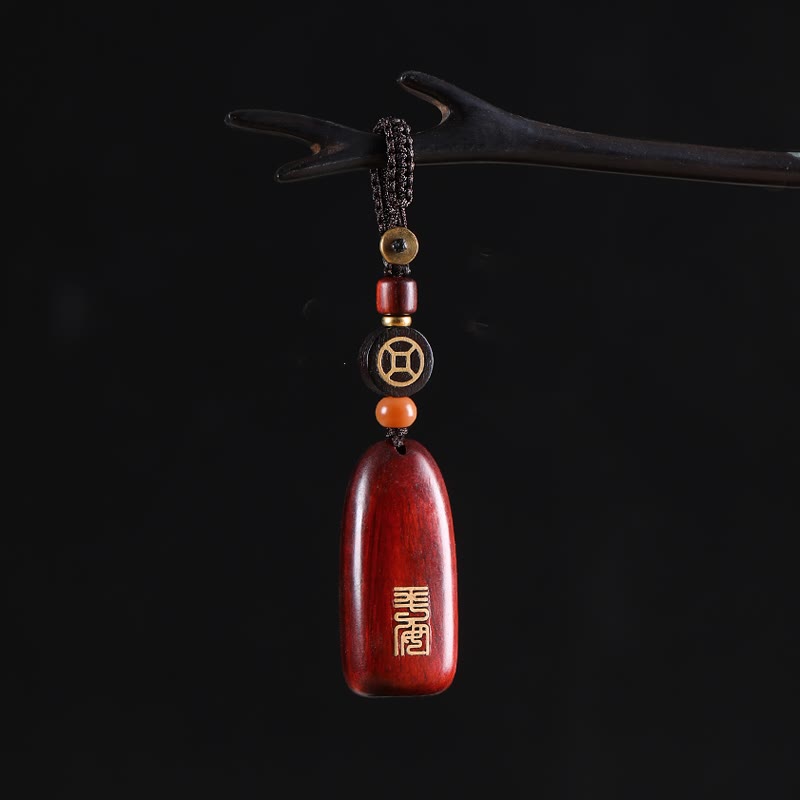 Fortune Jewel Small Leaf Red Sandalwood Ebony Wood Peace Auspicious Copper Coin Protection Key Chain