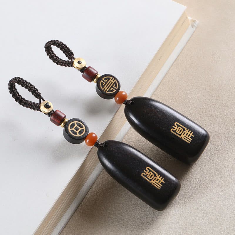 Fortune Jewel Small Leaf Red Sandalwood Ebony Wood Peace Auspicious Copper Coin Protection Key Chain
