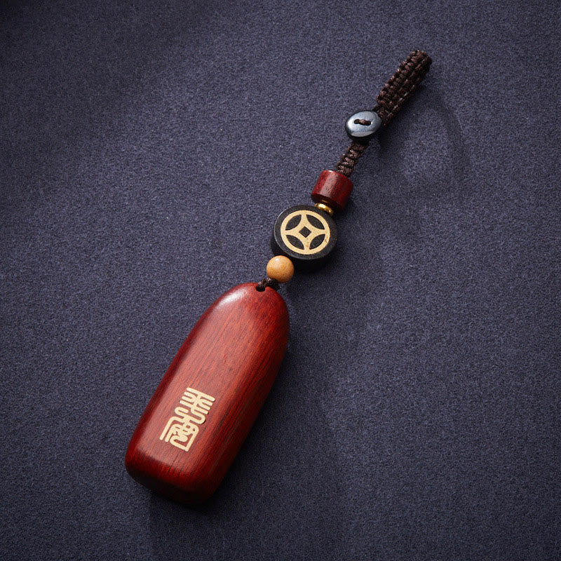 Fortune Jewel Small Leaf Red Sandalwood Ebony Wood Peace Auspicious Copper Coin Protection Key Chain