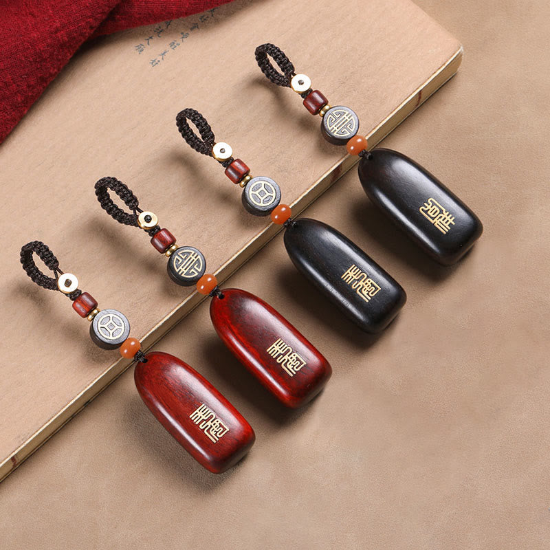 Fortune Jewel Small Leaf Red Sandalwood Ebony Wood Peace Auspicious Copper Coin Protection Key Chain