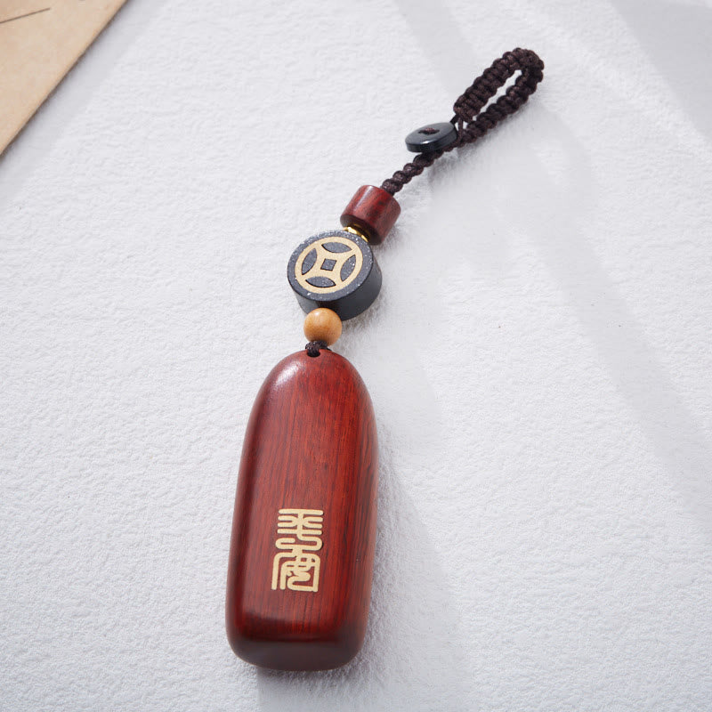 Fortune Jewel Small Leaf Red Sandalwood Ebony Wood Peace Auspicious Copper Coin Protection Key Chain