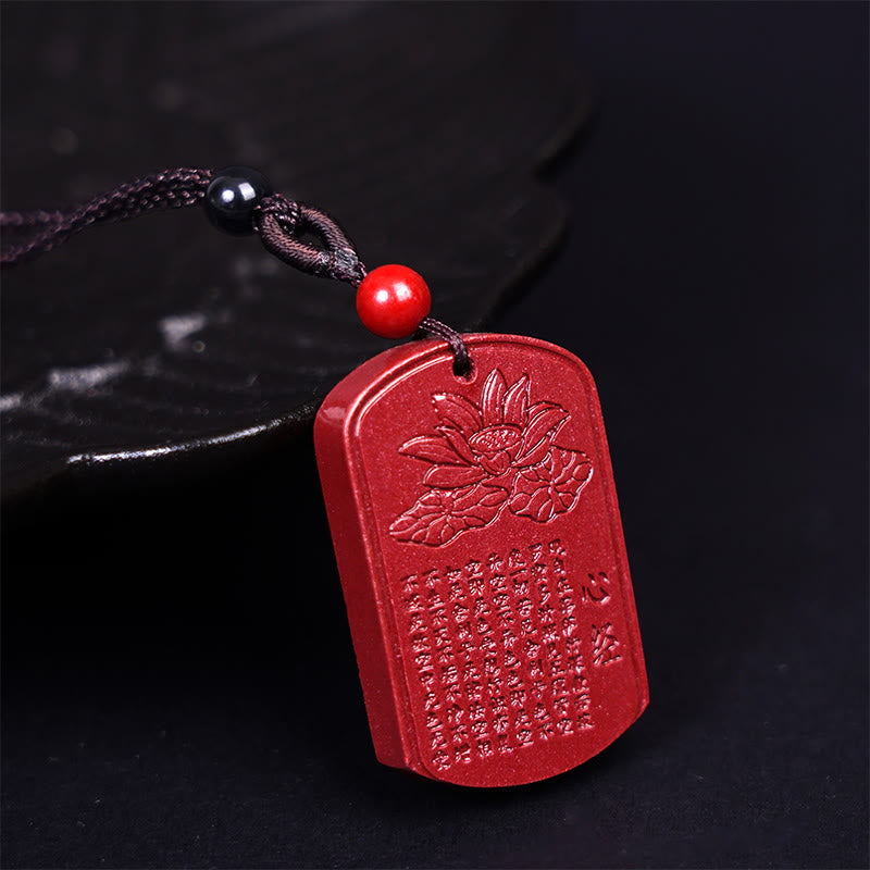 Fortune Jewel Cinnabar Lotus Heart Sutra Engraved Blessing Rope Necklace Pendant