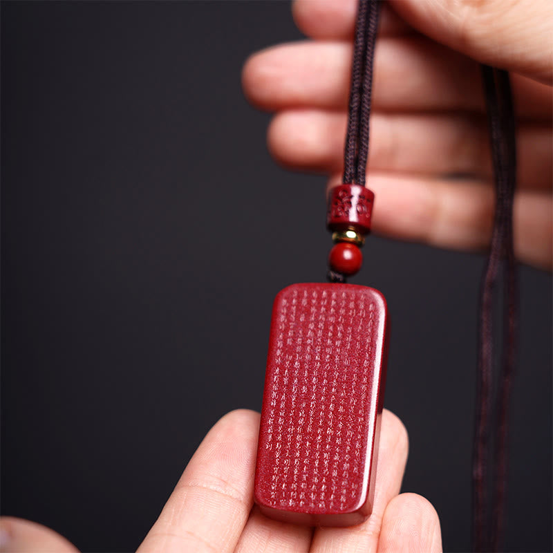 Fortune Jewel Cinnabar Lotus Heart Sutra Engraved Blessing Rope Necklace Pendant
