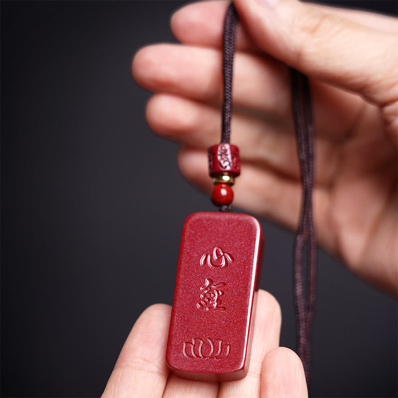 Fortune Jewel Cinnabar Lotus Heart Sutra Engraved Blessing Rope Necklace Pendant