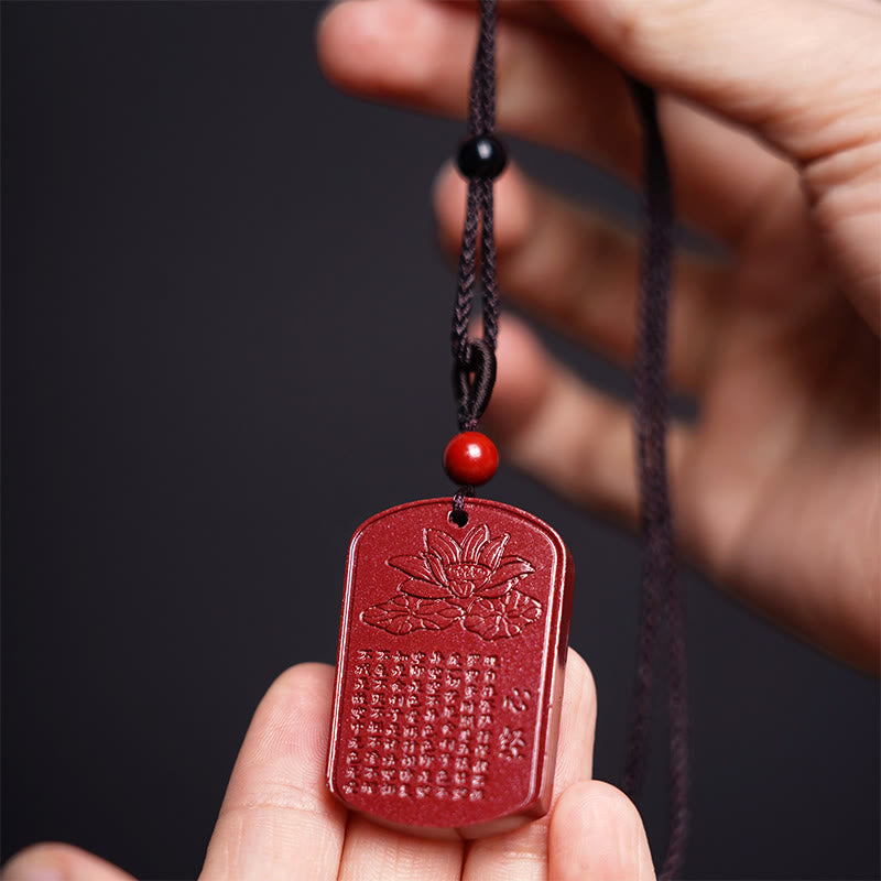 Fortune Jewel Cinnabar Lotus Heart Sutra Engraved Blessing Rope Necklace Pendant