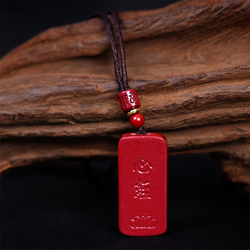 Fortune Jewel Cinnabar Lotus Heart Sutra Engraved Blessing Rope Necklace Pendant