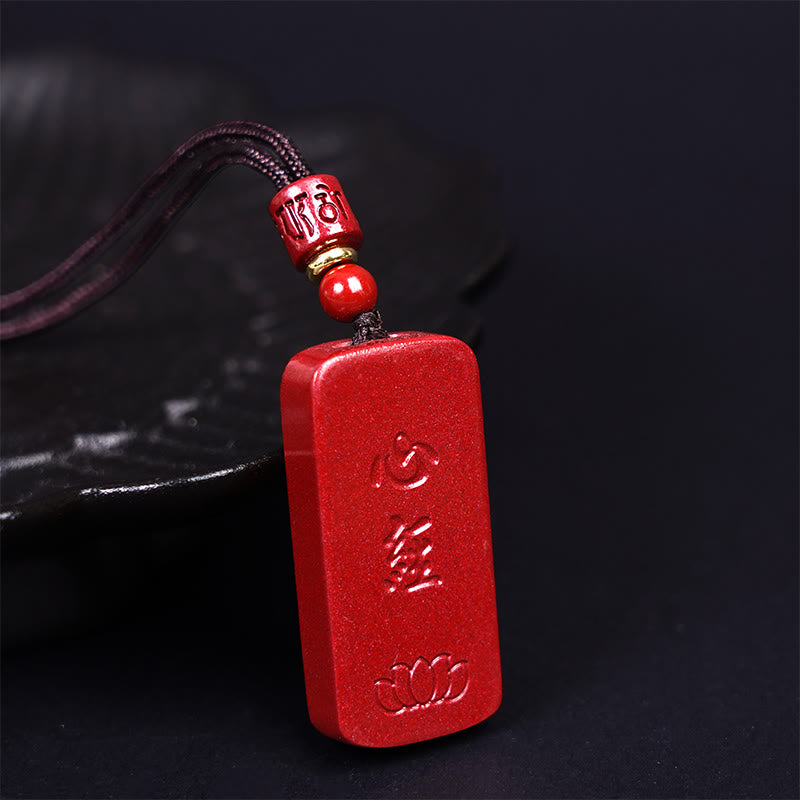 Fortune Jewel Cinnabar Lotus Heart Sutra Engraved Blessing Rope Necklace Pendant