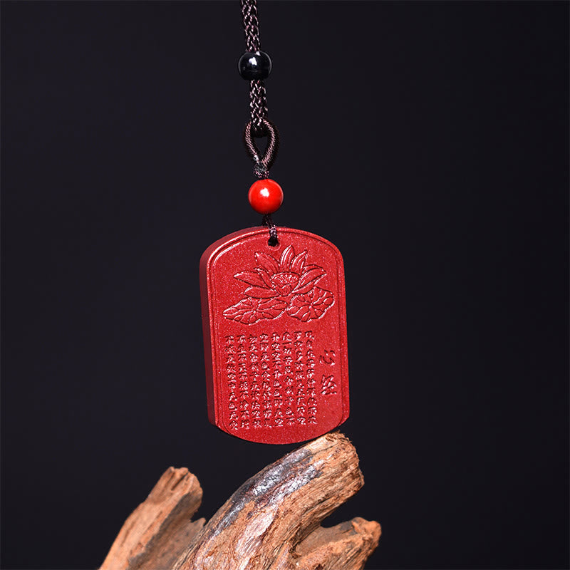 Fortune Jewel Cinnabar Lotus Heart Sutra Engraved Blessing Rope Necklace Pendant