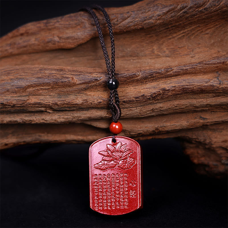 Fortune Jewel Cinnabar Lotus Heart Sutra Engraved Blessing Rope Necklace Pendant