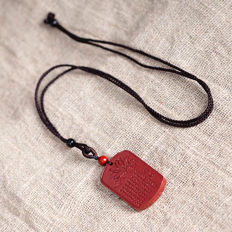 Fortune Jewel Cinnabar Lotus Heart Sutra Engraved Blessing Rope Necklace Pendant