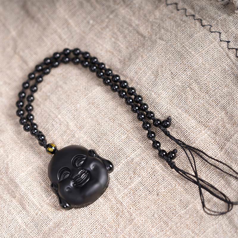 Fortune Jewel Natural Black Obsidian Laughing Buddha Purification Necklace Pendant