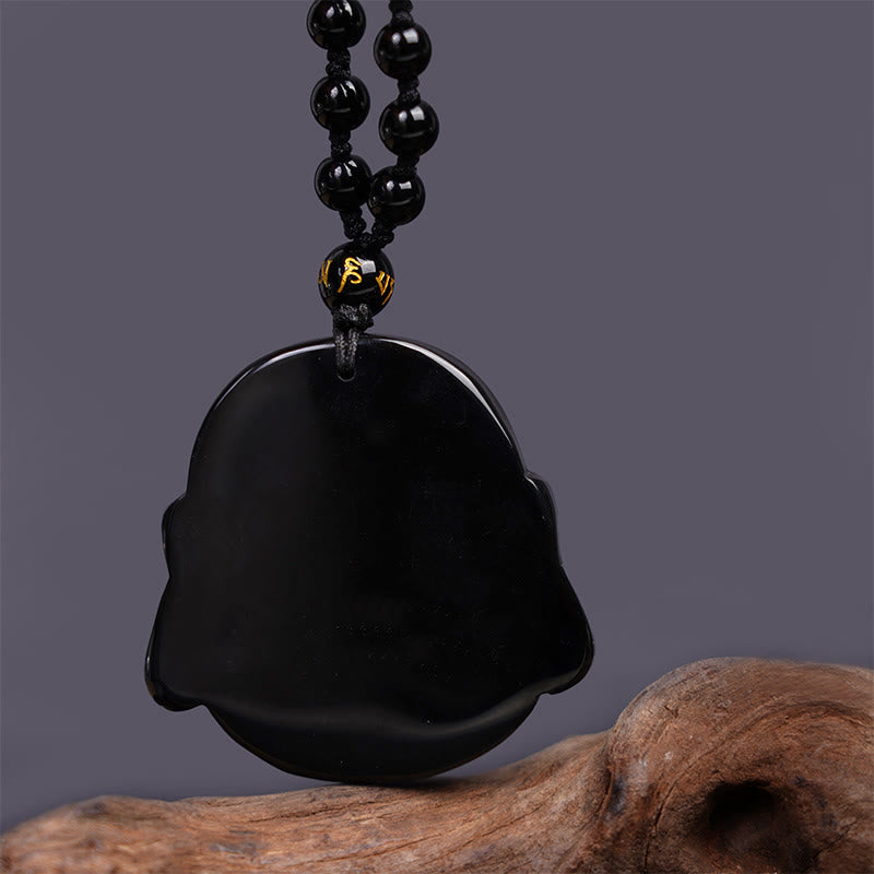 Fortune Jewel Natural Black Obsidian Laughing Buddha Purification Necklace Pendant