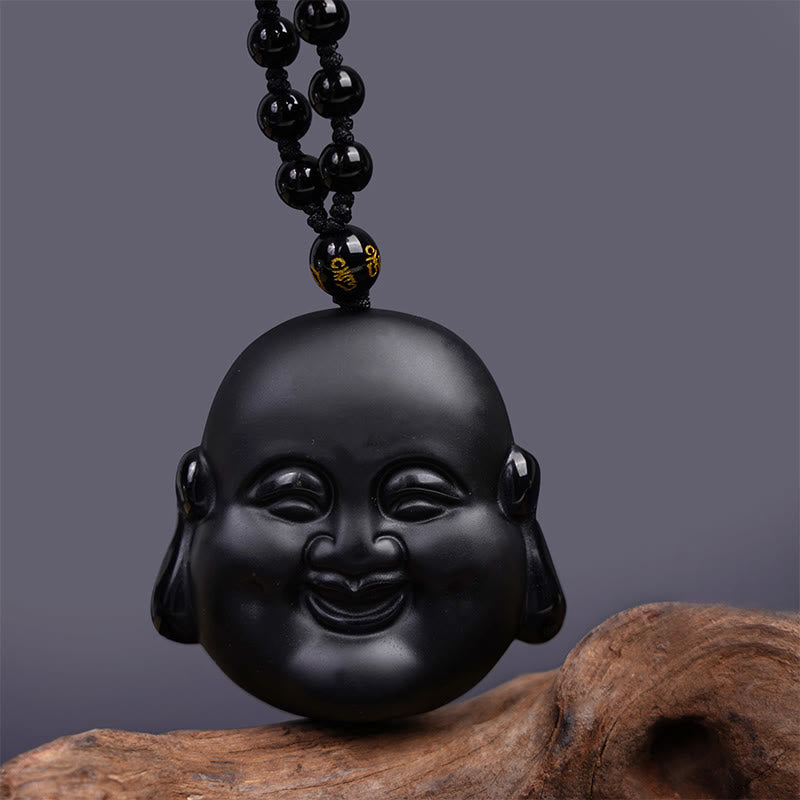 Fortune Jewel Natural Black Obsidian Laughing Buddha Purification Necklace Pendant