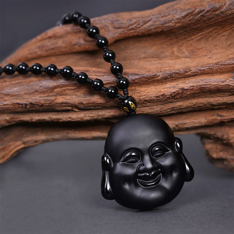 Fortune Jewel Natural Black Obsidian Laughing Buddha Purification Necklace Pendant