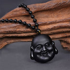 Fortune Jewel Natural Black Obsidian Laughing Buddha Purification Necklace Pendant