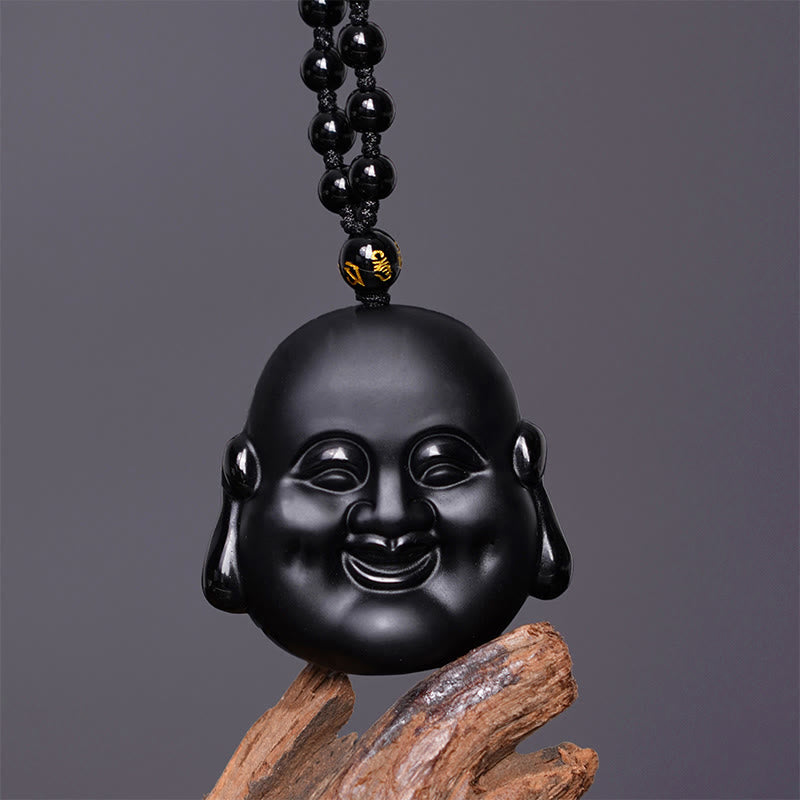 Fortune Jewel Natural Black Obsidian Laughing Buddha Purification Necklace Pendant