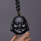 Fortune Jewel Natural Black Obsidian Laughing Buddha Purification Necklace Pendant