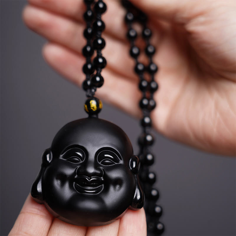 Fortune Jewel Natural Black Obsidian Laughing Buddha Purification Necklace Pendant