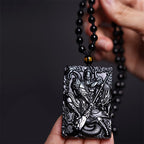 Fortune Jewel Black Obsidian Guan Gong Amulet Engraved Strength Necklace Pendant