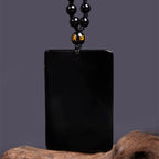 Fortune Jewel Black Obsidian Guan Gong Amulet Engraved Strength Necklace Pendant
