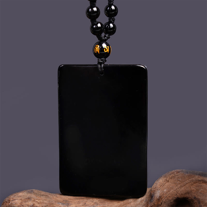 Fortune Jewel Black Obsidian Guan Gong Amulet Engraved Strength Necklace Pendant