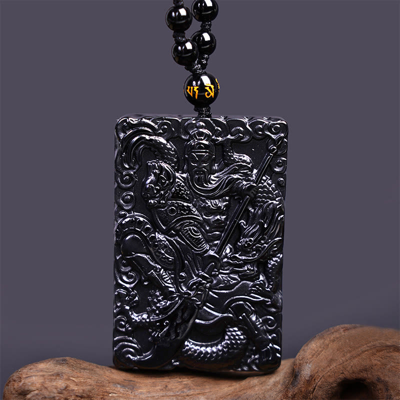 Fortune Jewel Black Obsidian Guan Gong Amulet Engraved Strength Necklace Pendant