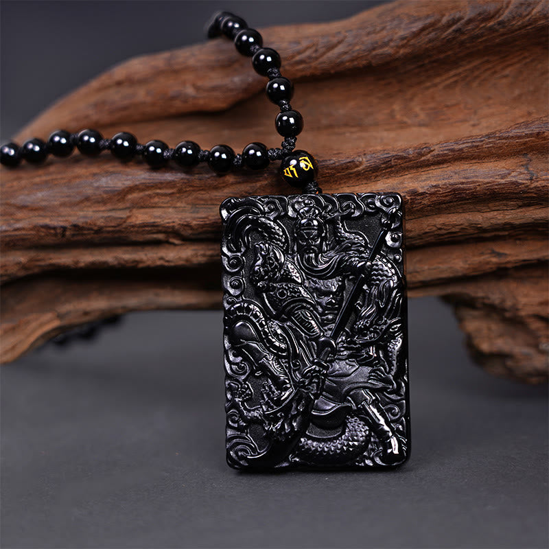 Fortune Jewel Black Obsidian Guan Gong Amulet Engraved Strength Necklace Pendant