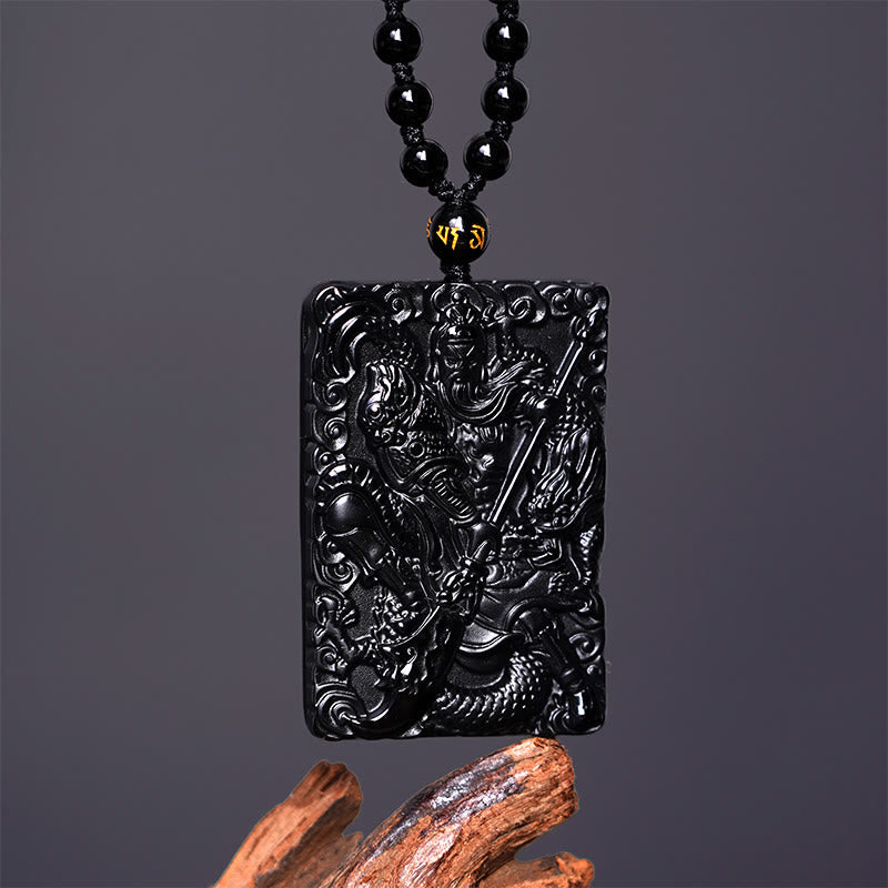 Fortune Jewel Black Obsidian Guan Gong Amulet Engraved Strength Necklace Pendant
