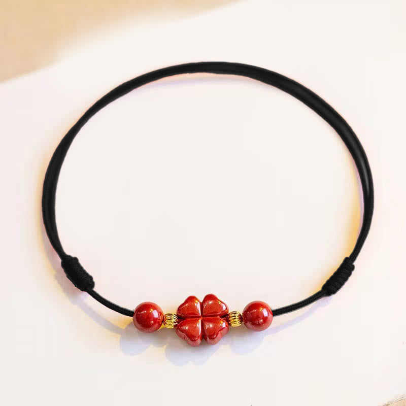 Fortune Jewel Cinnabar Four Leaf Clover Blessing String Rope Anklet