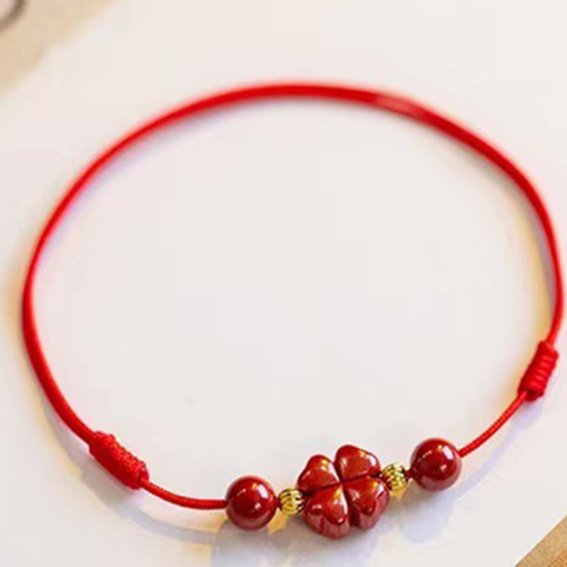 Fortune Jewel Cinnabar Four Leaf Clover Blessing String Rope Anklet