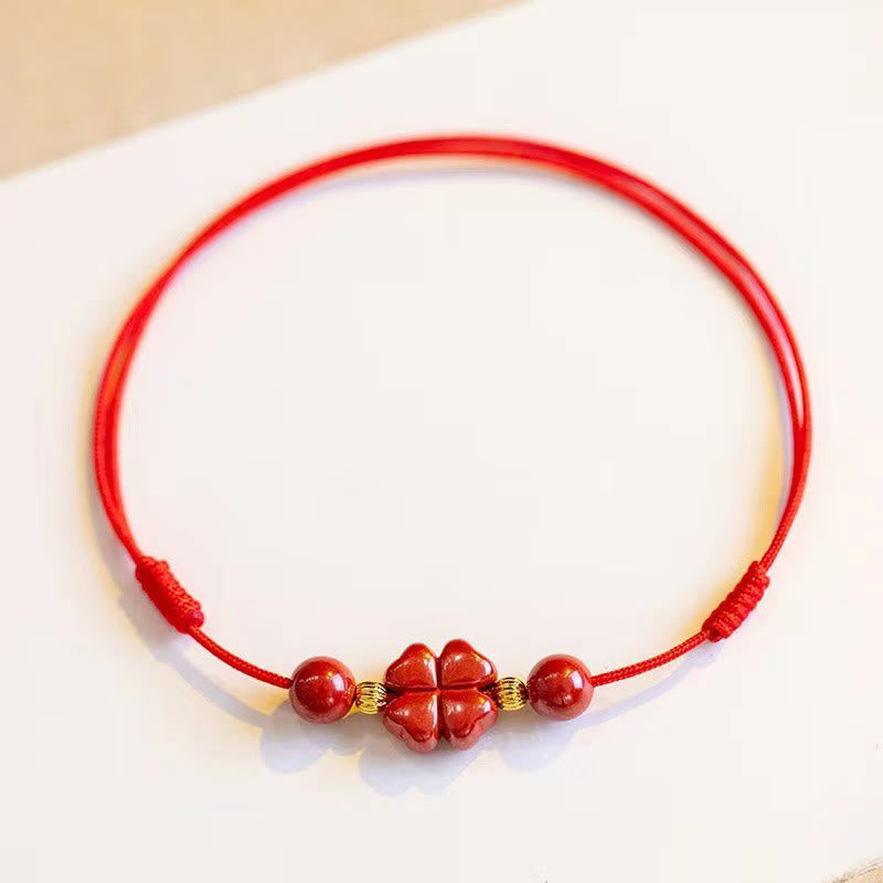 Fortune Jewel Cinnabar Four Leaf Clover Blessing String Rope Anklet