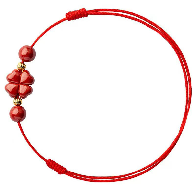 Fortune Jewel Cinnabar Four Leaf Clover Blessing String Rope Anklet
