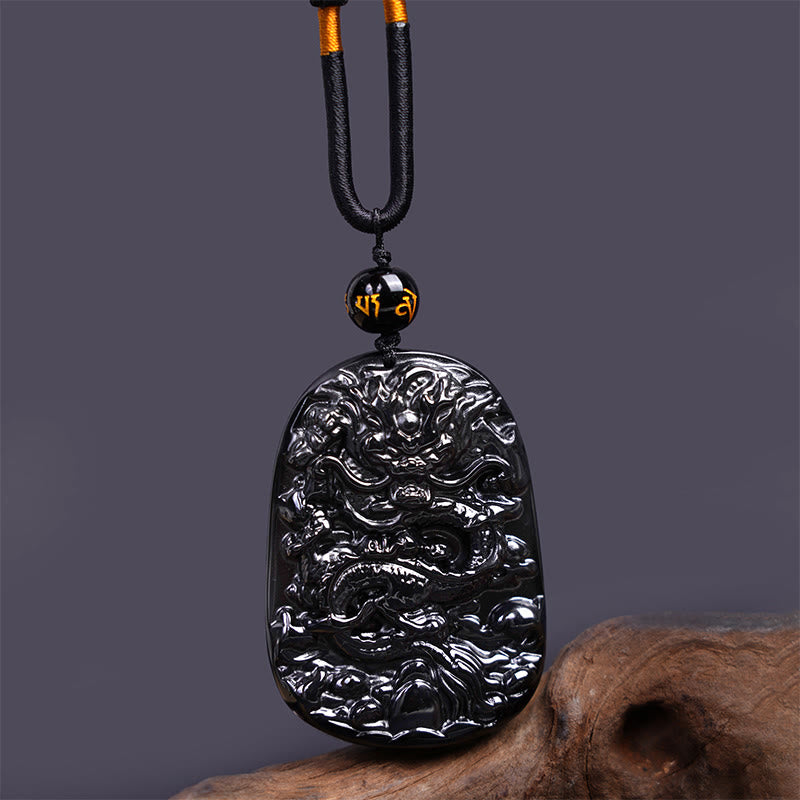 Fortune Jewel Black Obsidian Dragon Carved Luck Protection Necklace Pendant