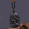 Fortune Jewel Black Obsidian Dragon Carved Luck Protection Necklace Pendant
