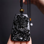 Fortune Jewel Black Obsidian Dragon Carved Luck Protection Necklace Pendant