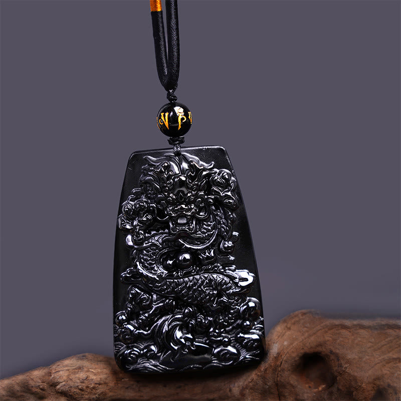 Fortune Jewel Black Obsidian Dragon Carved Luck Protection Necklace Pendant
