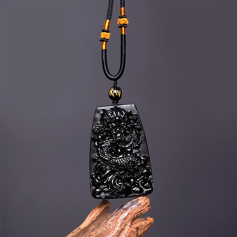 Fortune Jewel Black Obsidian Dragon Carved Luck Protection Necklace Pendant
