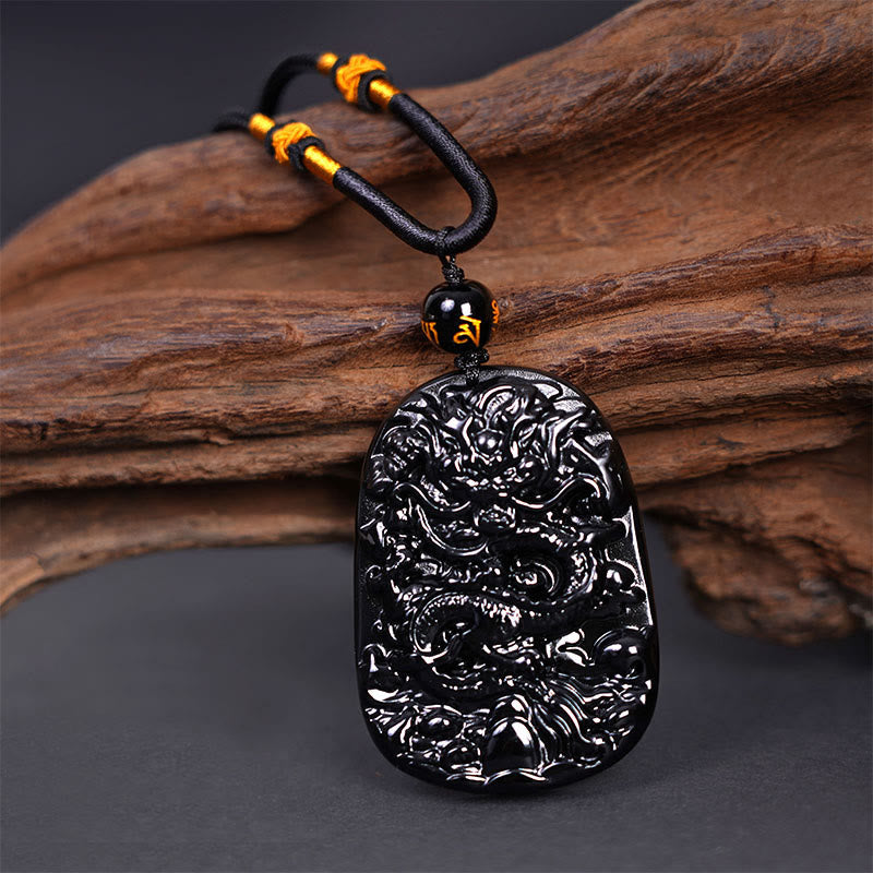 Fortune Jewel Black Obsidian Dragon Carved Luck Protection Necklace Pendant